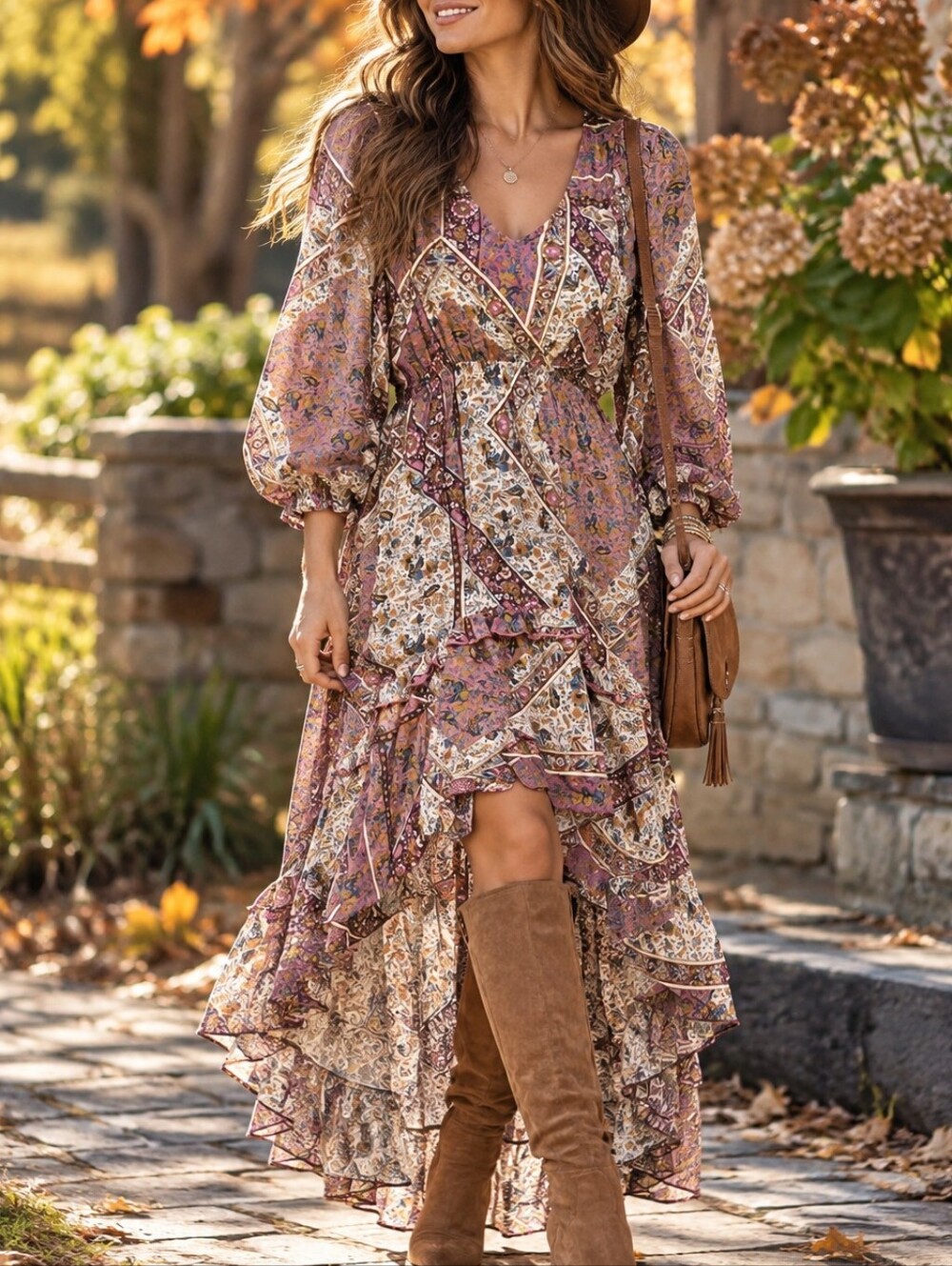 NWT Grace & Lace Mauve Cream Paisley Patchwork Boho High Low Maxi Dress
